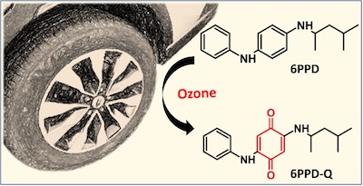 photo of car tire and chemical formula of 6PPD-Quinone